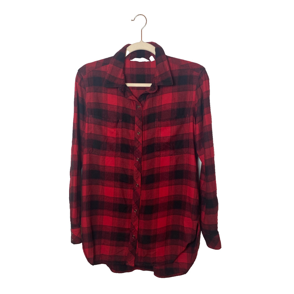 Athleta Flannel Shirt Sz Small Black Red Buffalo Check Soft Lightweight Cozy